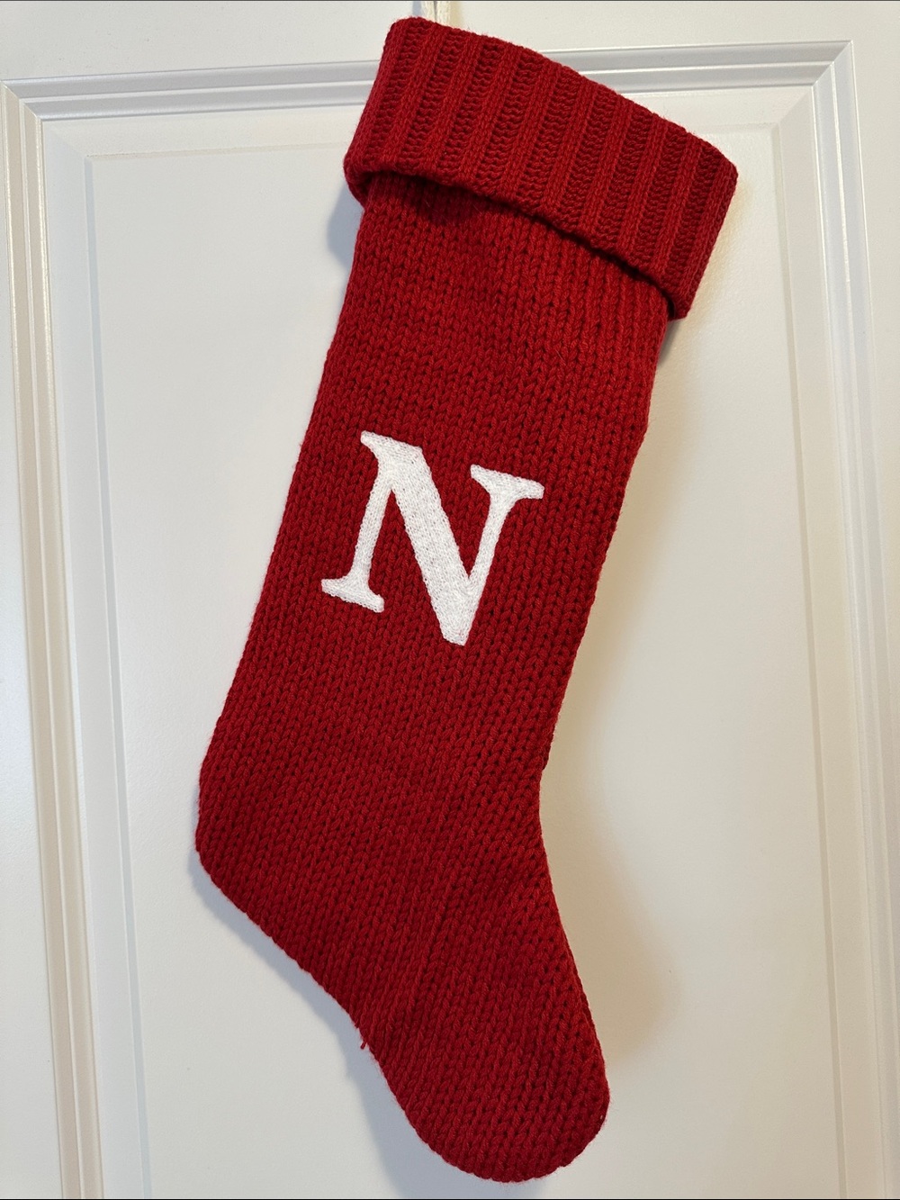 Monogram Red Knit Christmas Stocking with White 'N'
